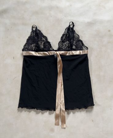ici et maintenant Black Lace Trim Camisole with Ribbon Tie