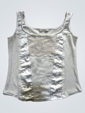 Jacqueline Riu White Tank Top with Lace and Satin Detail