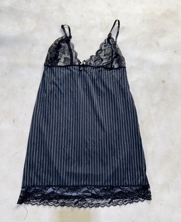 Black and white pinstripe lace trim nightgown