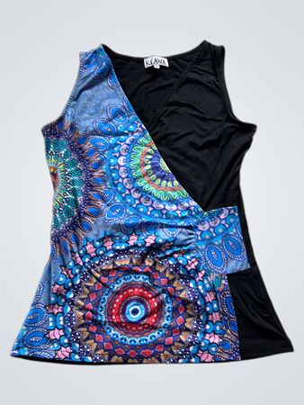 KEawa Sleeveless Black Tank Top with Blue Mandala Print