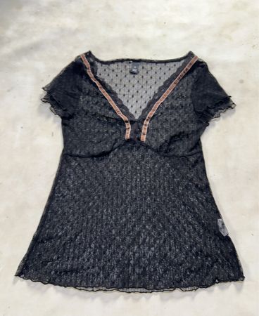 Black sheer lace top with velvet trim