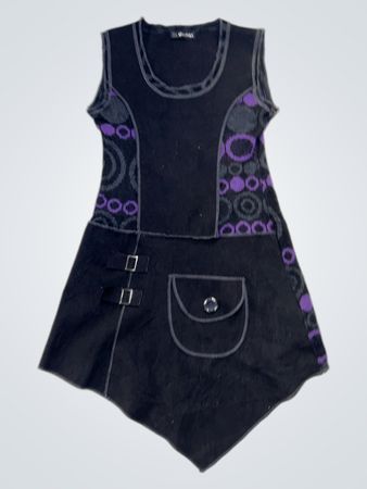 LING MODE Black Sleeveless Dress with Purple Circles and Buckles