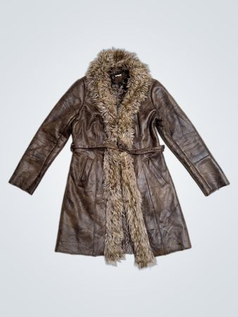 Promod Faux Leather Fur Trimmed Coat