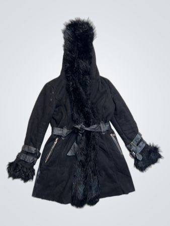 Only Fashion Black Faux Fur Hooded Belted Coat