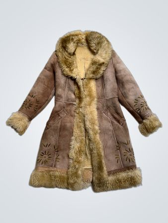 Brown Suede Shearling Coat with Fur Trim
