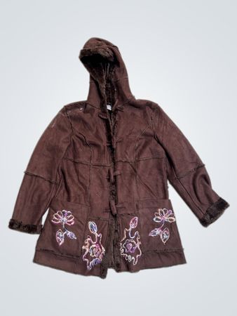 Brown Faux Suede Hooded Jacket with Embroidered Flowers