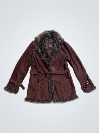 SOFTY COLLECTION Brown Faux Fur Trimmed Jacket with Belt