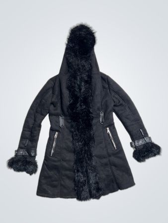 Black Faux Fur Trimmed Hooded Coat