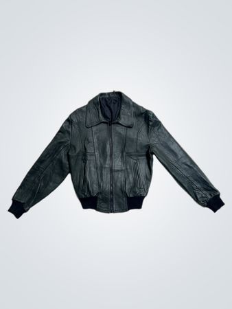 Dark Green Leather Bomber Jacket