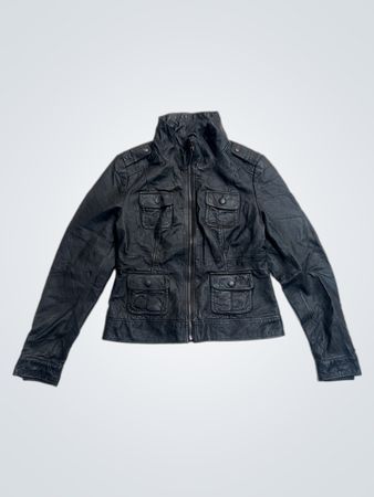 Black Faux Leather Jacket with Multiple Pockets