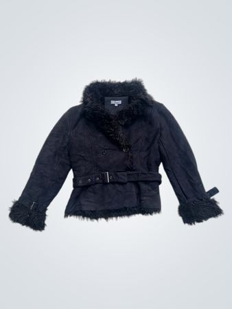 MIM Schwarze Kunstpelzbesetzte Gürteljacke