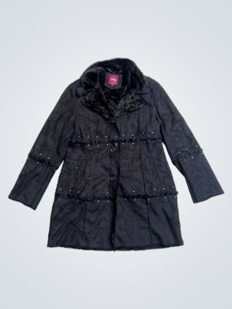 Black Faux Suede Coat with Faux Fur Collar and Stud Detail