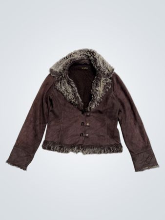 Braune Wildlederjacke mit Pelzkragen und -besatz