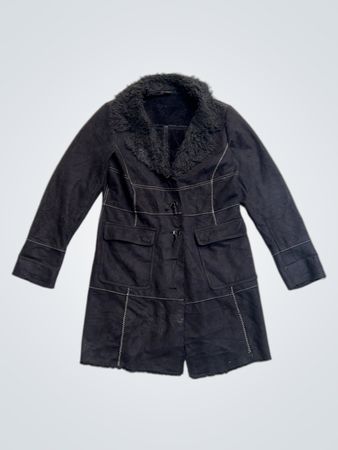 Black Suede-like Coat with Fur Collar