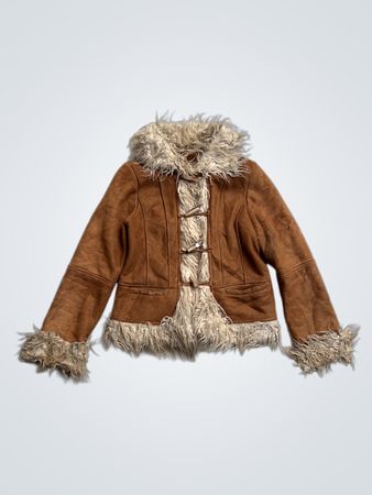 Brown faux fur lined jacket with toggle closures