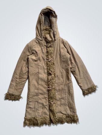 Brown Hooded Coat with Faux Fur Trim