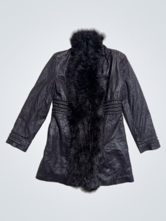 EXTENZO PARIS Black Faux Leather Fur Trimmed Coat Size 38