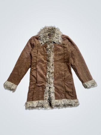 GEE-KAY Brown Faux Suede Fur Trimmed Coat