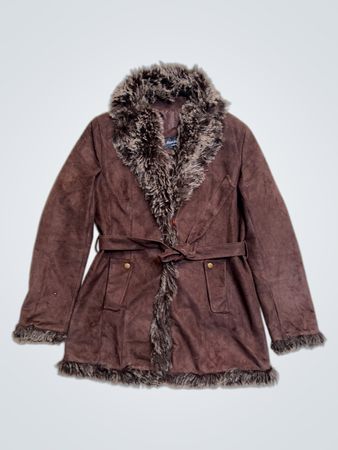 Fascinate Collection Brown Suede Fur Trimmed Belted Coat