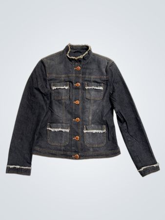 Dark Wash Denim Jacket with Frayed Collar and Cuffs