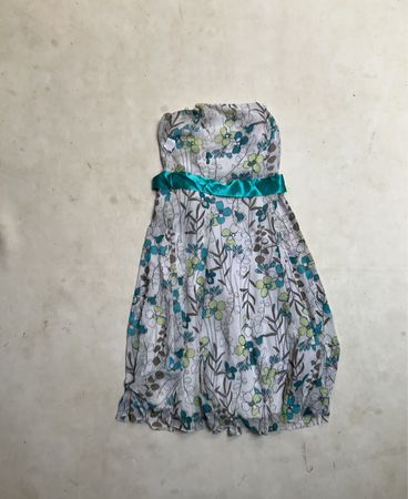 Debut Strapless Floral Dress with Teal Sash