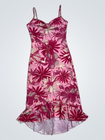 Pink floral print spaghetti strap dress with ruffle hem
