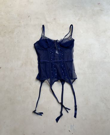 Yamamay Navyblaues Korsett mit Strumpfhaltern und Strasssteinen