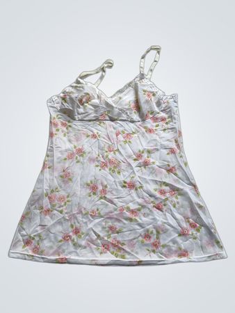 Weiße Camisole mit rosa Blumenmuster und Spitzenbesatz