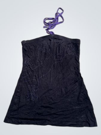 L'effet Péi Black Neckholder-Top mit lila Schnur