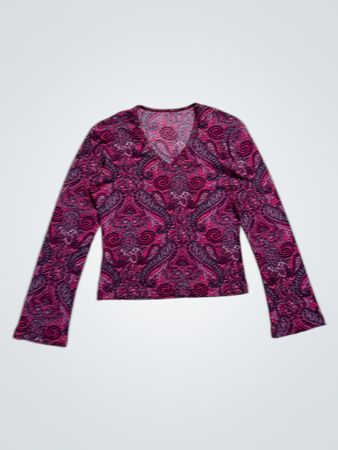 Pink-Paisley-Print V-Ausschnitt Langarm-Oberteil