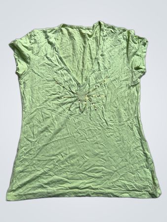 Hellgrünes V-Ausschnitt-T-Shirt mit Paillettenverzierung