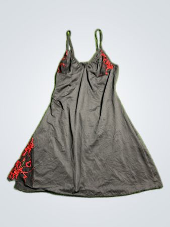 Black Satin Slip Dress with Red Embroidery