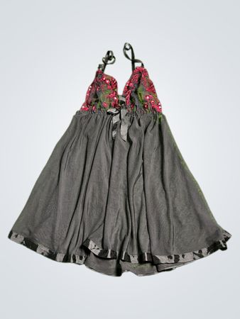 Black Dress with Red Floral Embellishments