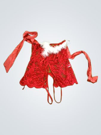 Red Lace Bodysuit with White Fur Trim