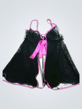 Black Mesh Lingerie Set with Pink Trim