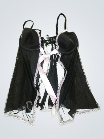 Black Sheer Babydoll with White Lace Trim and Ribbon