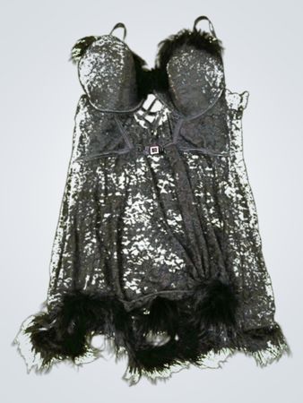 Black Lace Bodysuit with Feathers