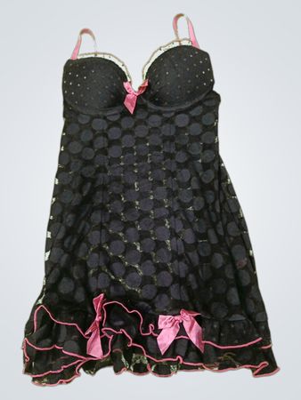 Black Polka Dot Nightgown with Pink Trim
