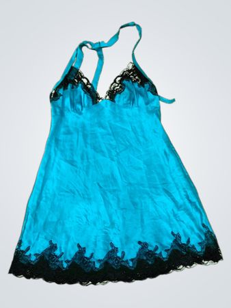 Blue Silk Chemise with Black Lace Trim