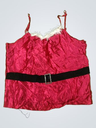 Red Satin Top with White Fur Trim and Black Belt