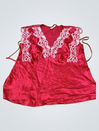 Red Satin Top with White Lace Details
