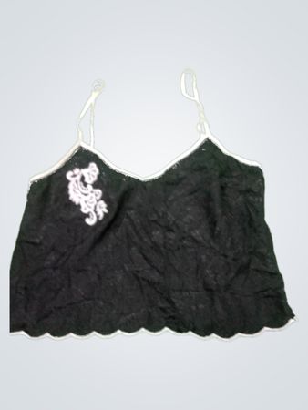 Black Lace Cami with White Trim and Floral Embroidery
