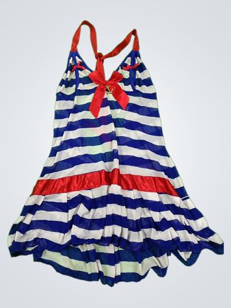Blue and White Striped Dress with Red Accents