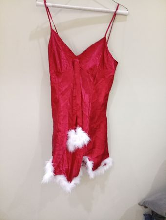 Red Satin Chemise with White Fur Trim