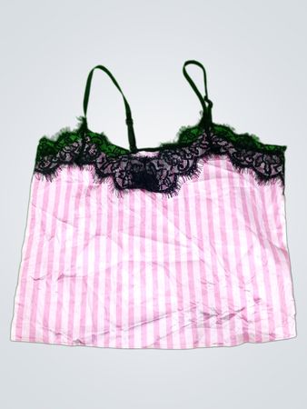 Pink Striped Cami with Black Lace Trim