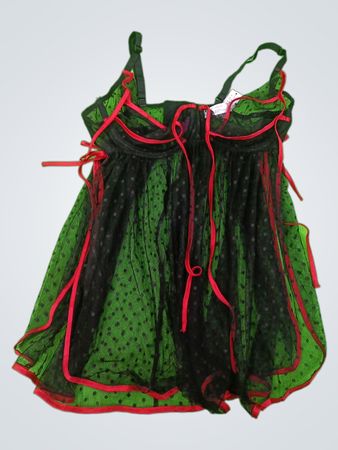 Black and Green Sheer Dress with Red Trim