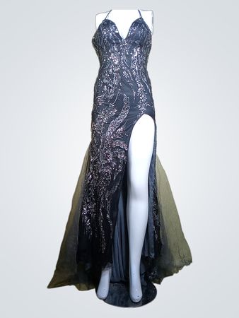 Vestido Longo Preto com Paetês, Decote Halter e Fenda Alta