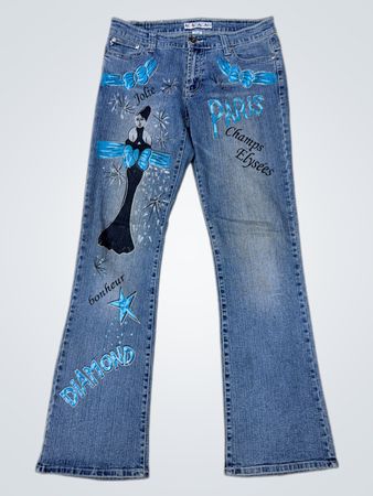 Reworked Flare Jeans with Graphic Print