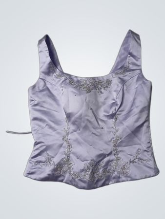 Lavender satin corset top with lace-up back and beaded embellishments