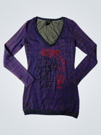 Moschino Purple Plaid Sequin Embellished Long Sleeve V-Neck Top